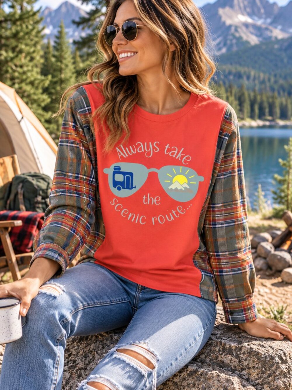Upcycled Pullover Shirt Reworked Scenic Route Graphic Tee Camping Travel M-L